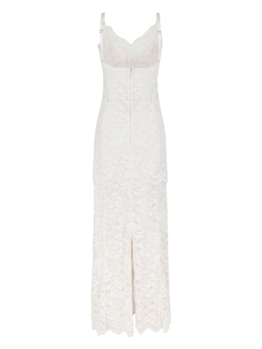 Rabanne Ivory White Long Dress With Lace-effect In Neutrals