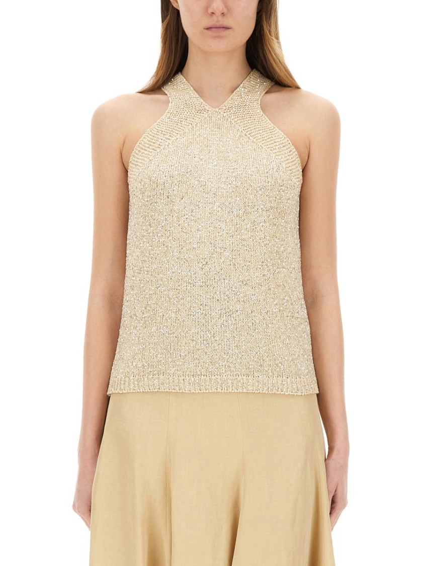Fabiana Filippi Cotton Knit Tank Top With Sequins In Neutrals