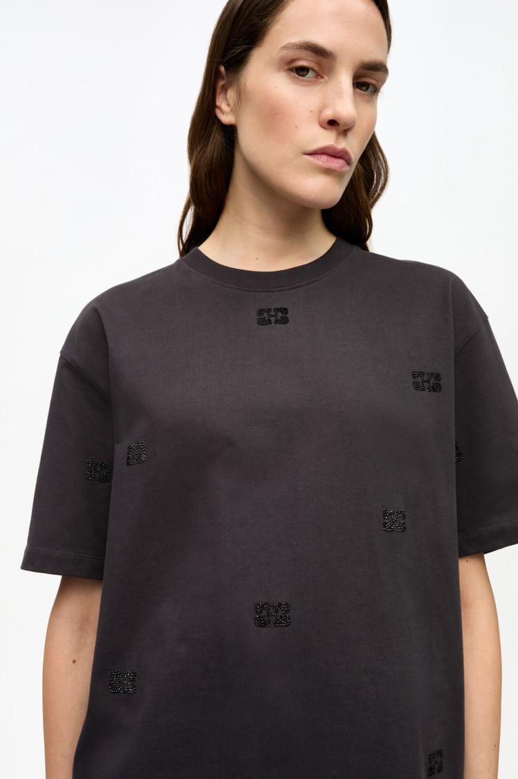 Tシャツ・カットソー Ganni Black Cotton T-Shirt With Rhinestone Embroidery Ganni Black Cotton T-shirt With Rhinestone Embroidery In