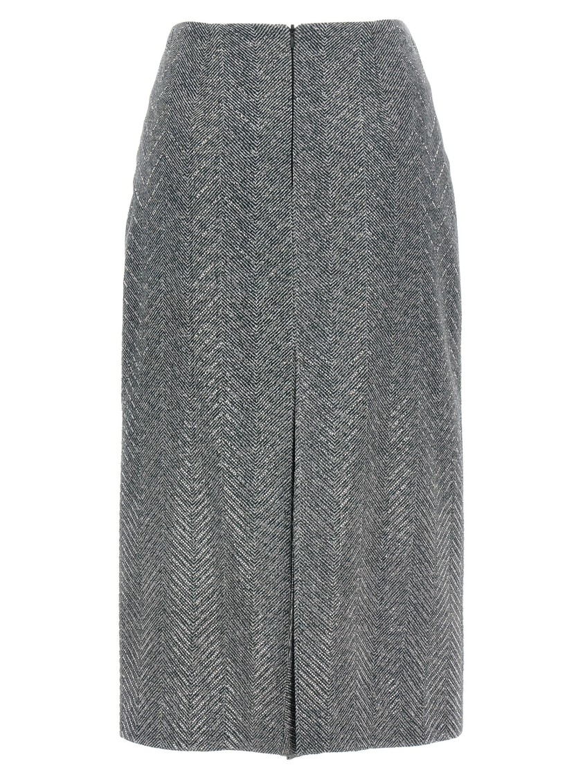 Ermanno Scervino Rhinestone-embellished Herringbone Silk Midi Skirt In Gray