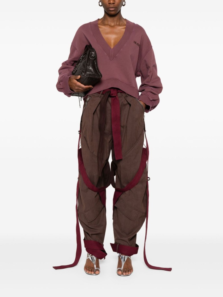 Attico Brown Pants With Side Zip Pockets And All-over Applied Bands In Cotton Blend Woman In Burgundy