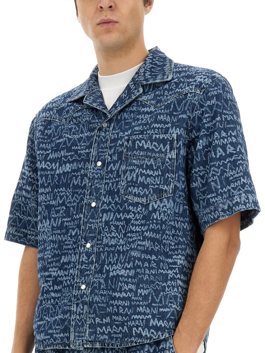 Marni Logo Western Denim Shirt In Blue