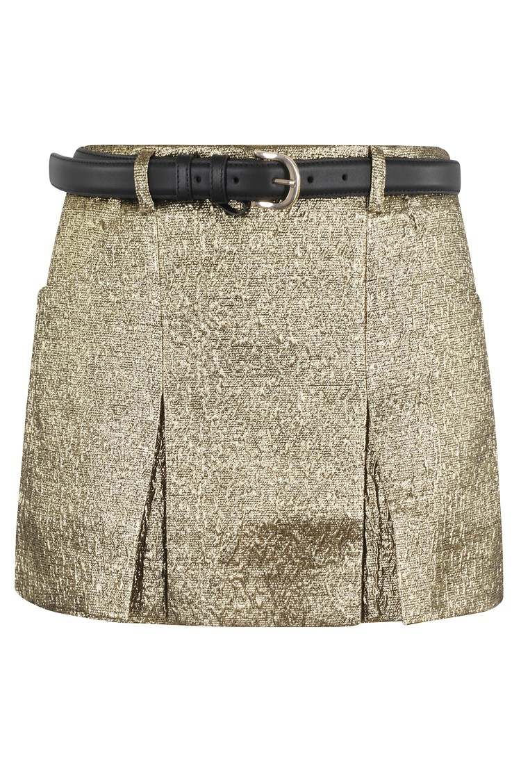 Self-portrait High-waisted Gold Jacquard Skort With Removable Belt In Neutrals