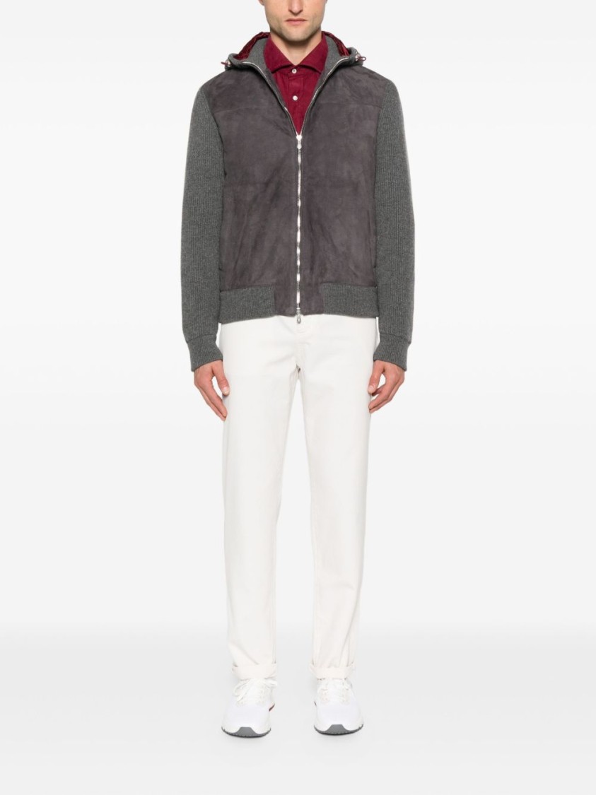 Brunello Cucinelli Grey Suede And Knit Hooded Jacket In Gray