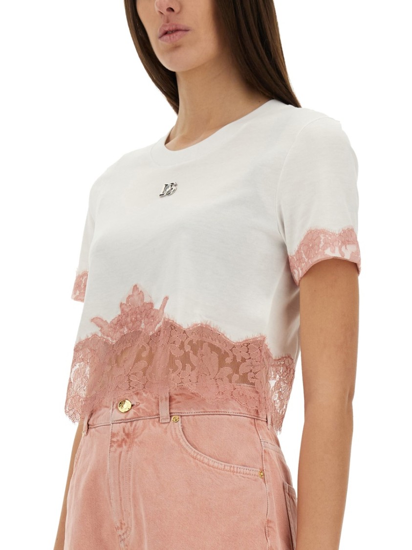 Dolce & Gabbana Cropped Jersey T-shirt With Dg Logo And Lace Inserts In White