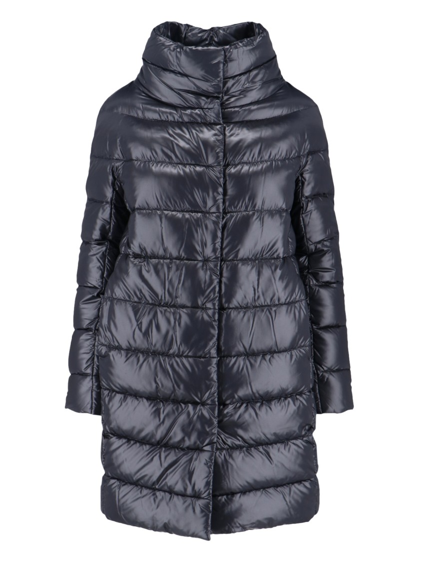 Herno Navy Long Puffer Jacket With High Collar In Black