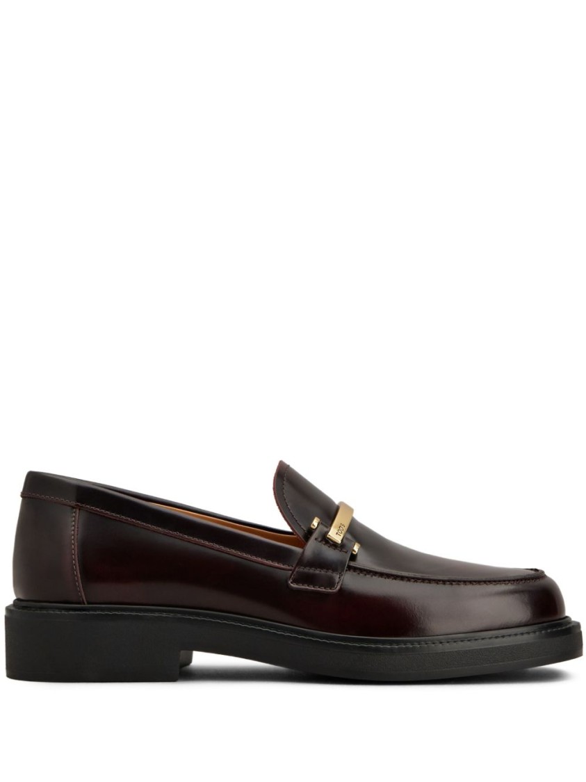 Tod's Polished Burgundy Loafers With Decorative Metal Bar In Black