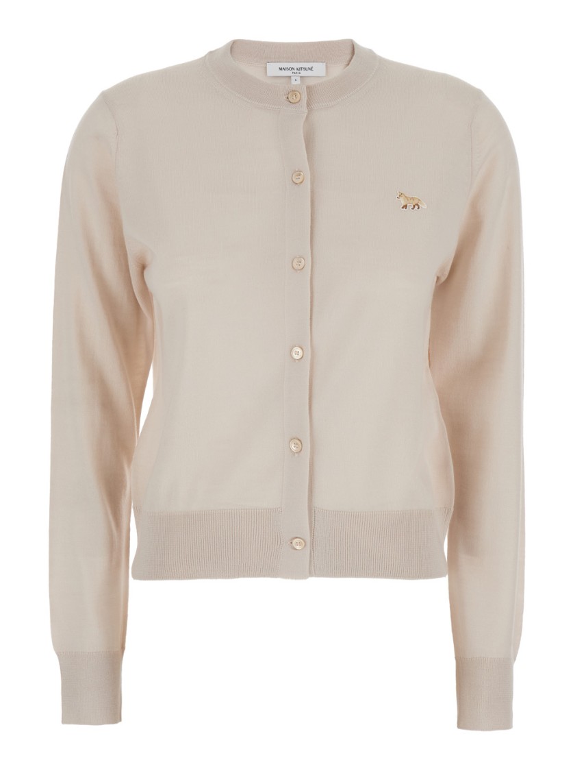 Maison Kitsuné Beige Cropped Cardigan With Round Neck And Logo Embroidery On The Front In Wool Woman