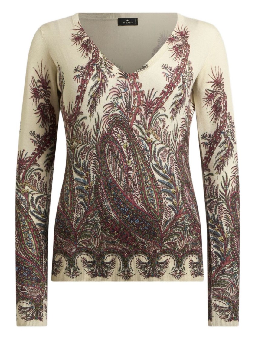 Etro Paisley Print V-neck Sweater With Long Sleeves In Neutral