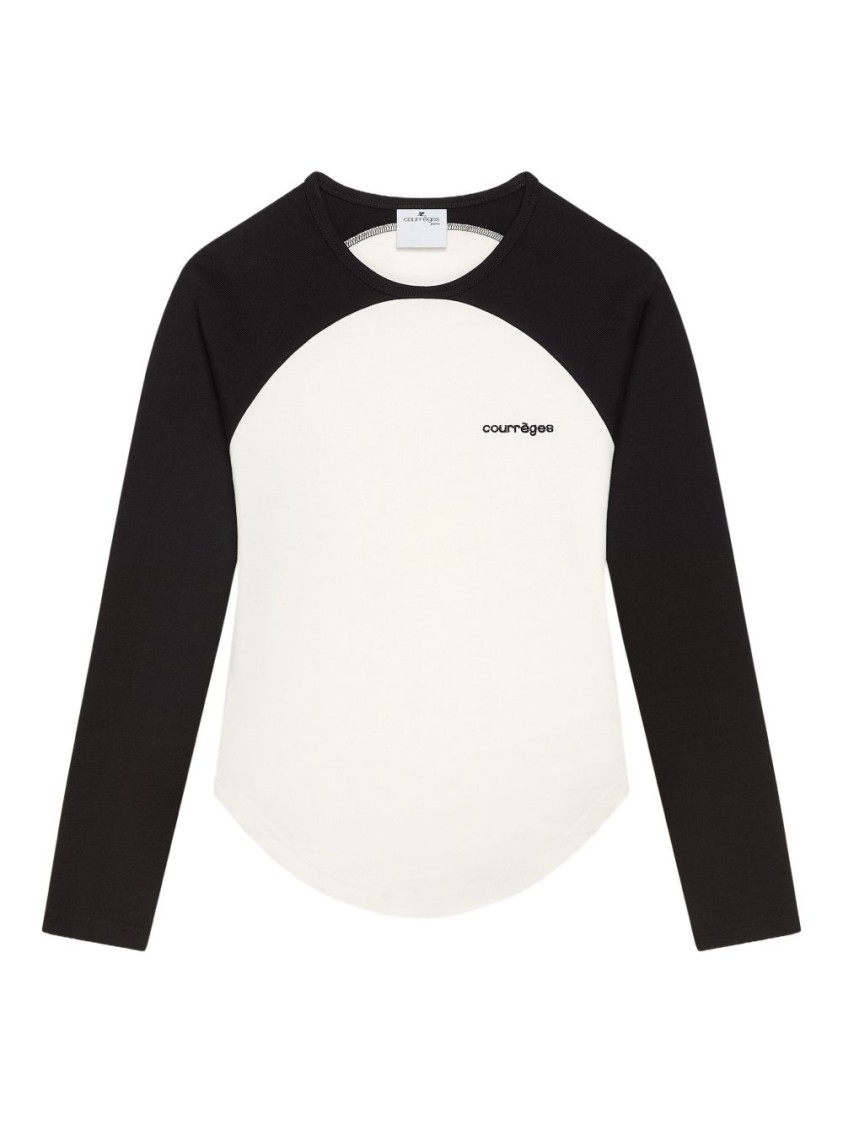 Courrèges Long-sleeved Contrast T-shirt With Rounded Hem And Logo Print In Multi