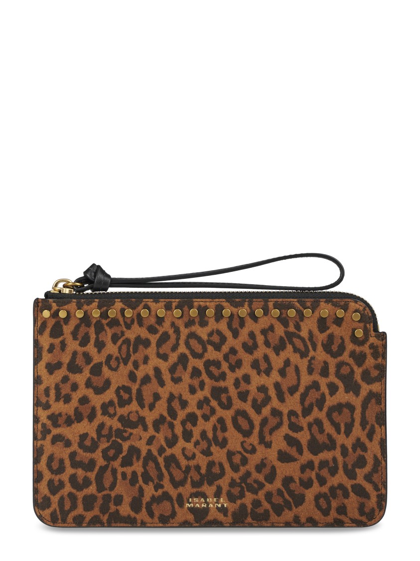 Isabel Marant Leopard Print Flat Pouch With Gold Studs And Wrist Strap In Brown