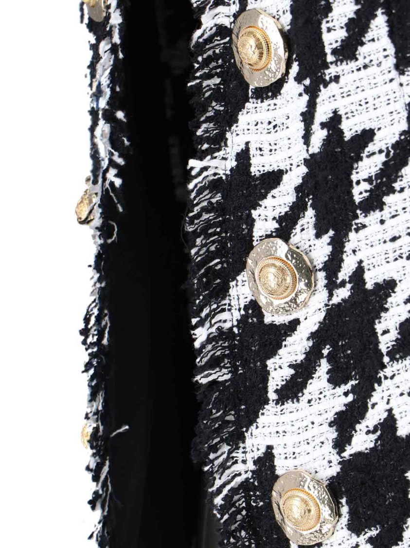 Balmain Spencer Black And White Jacket With All-over Check Motif And Fringed Hem In Cotton Blend Woman In Black