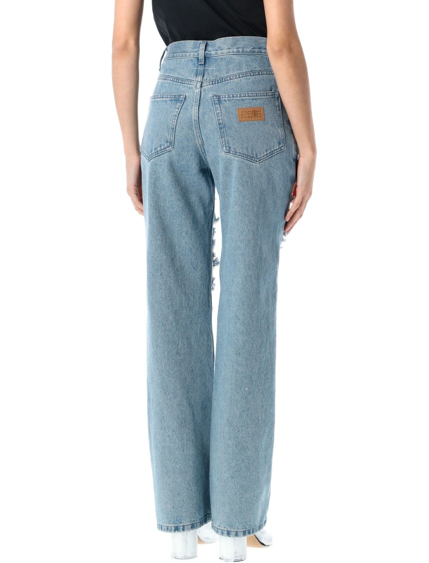MM6 MAISON MARGIELA MM6 BY MAISON MARGIELA DISTRESSED STRAIGHT LEG DENIM JEANS WITH WHITE STITCHING 