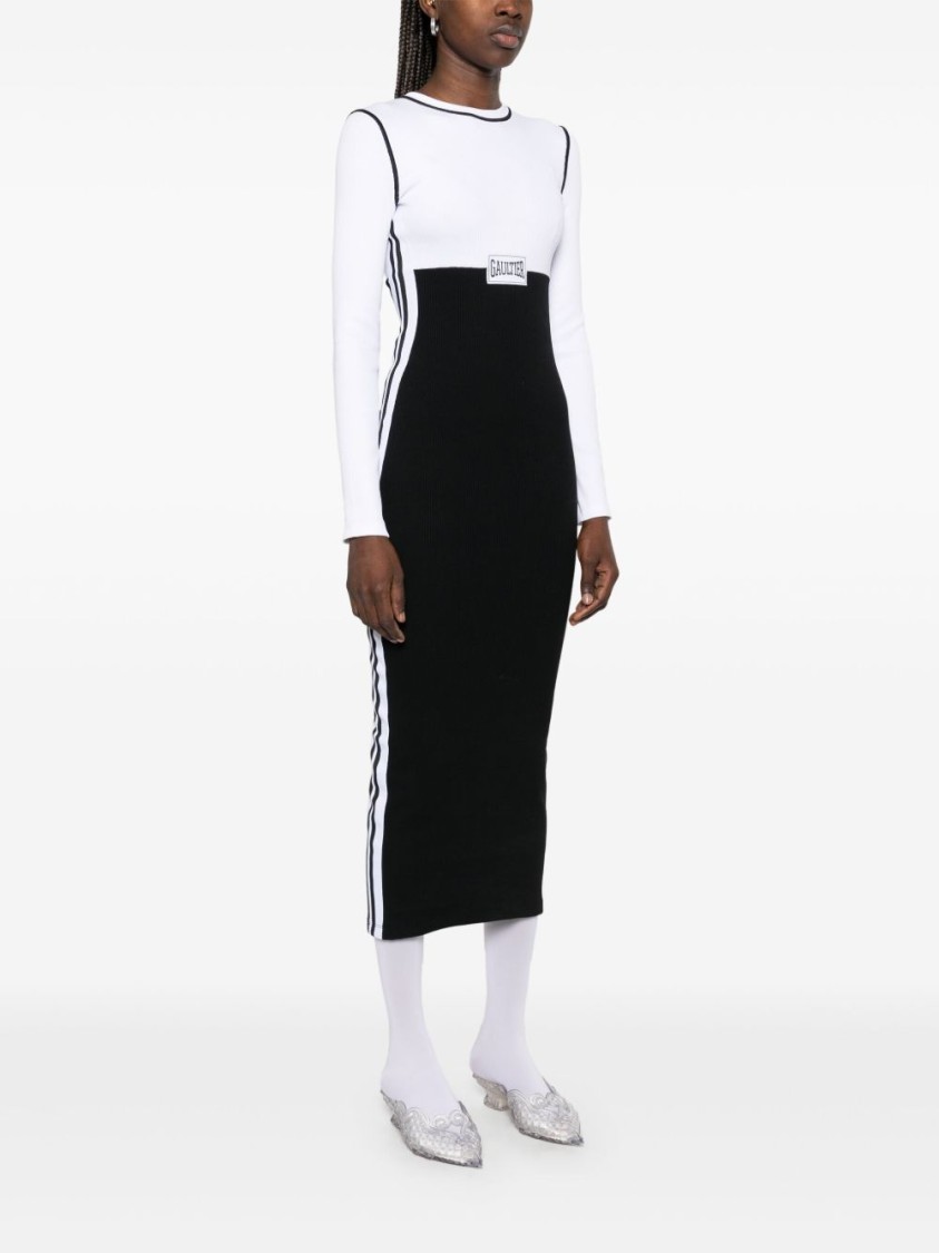 Jean Paul Gaultier Striking Black And White Color-block Midi Dress In Black