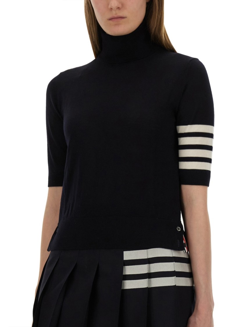 Thom Browne Black Short Sleeve Sweater With 4-bar Detail In Wool Woman