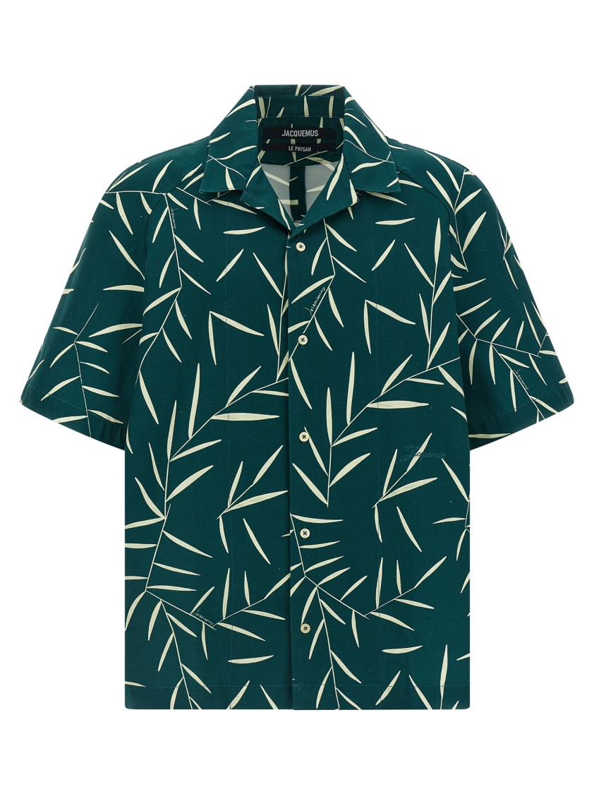 Jacquemus Leaf Print Short Sleeve Shirt With Pocket In Green