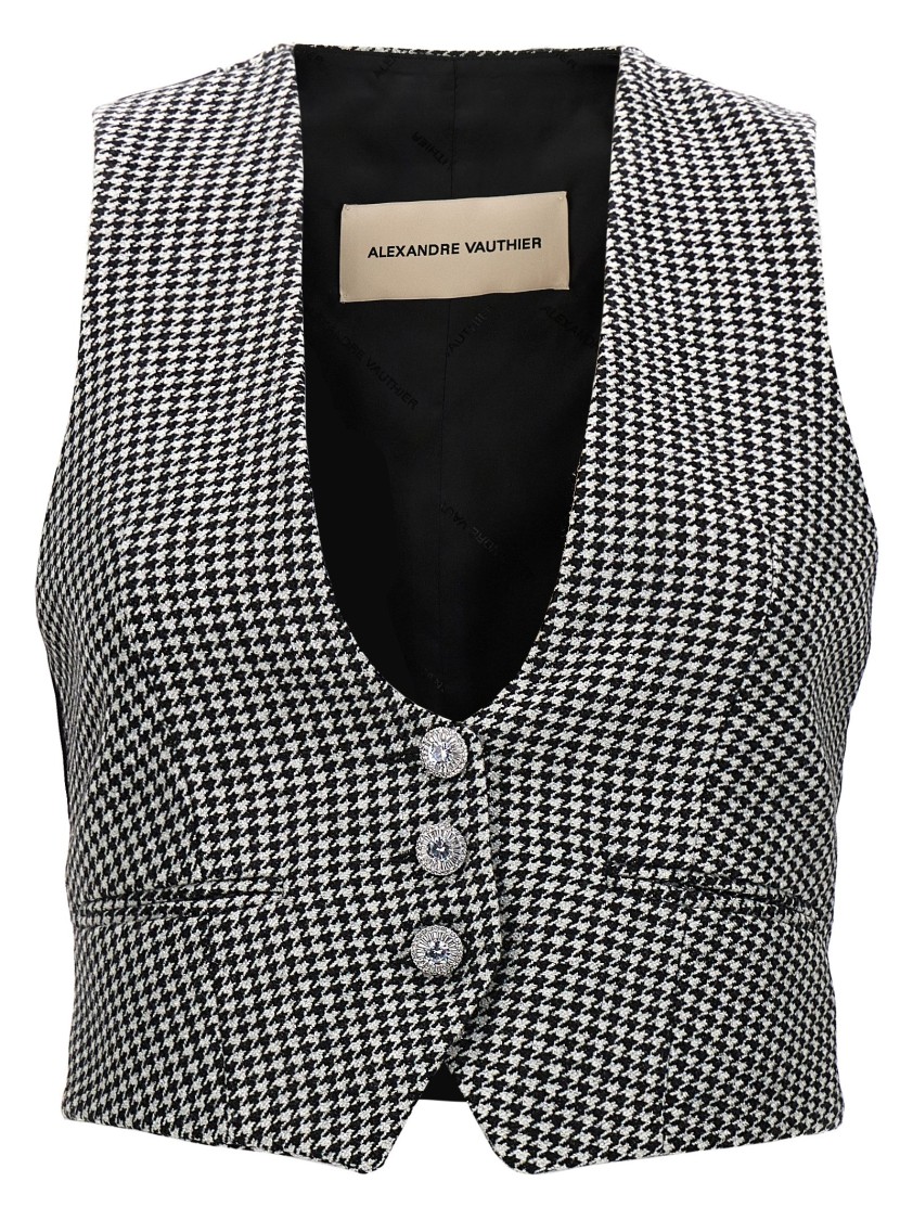 Alexandre Vauthier Houndstooth Pattern V-neck Sleeveless Waistcoat With Adjustable Back Strap In Gray