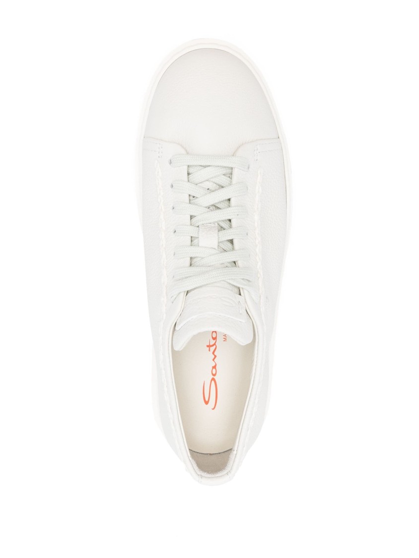 Santoni White Cow Leather Trainers With Textured Upper In White