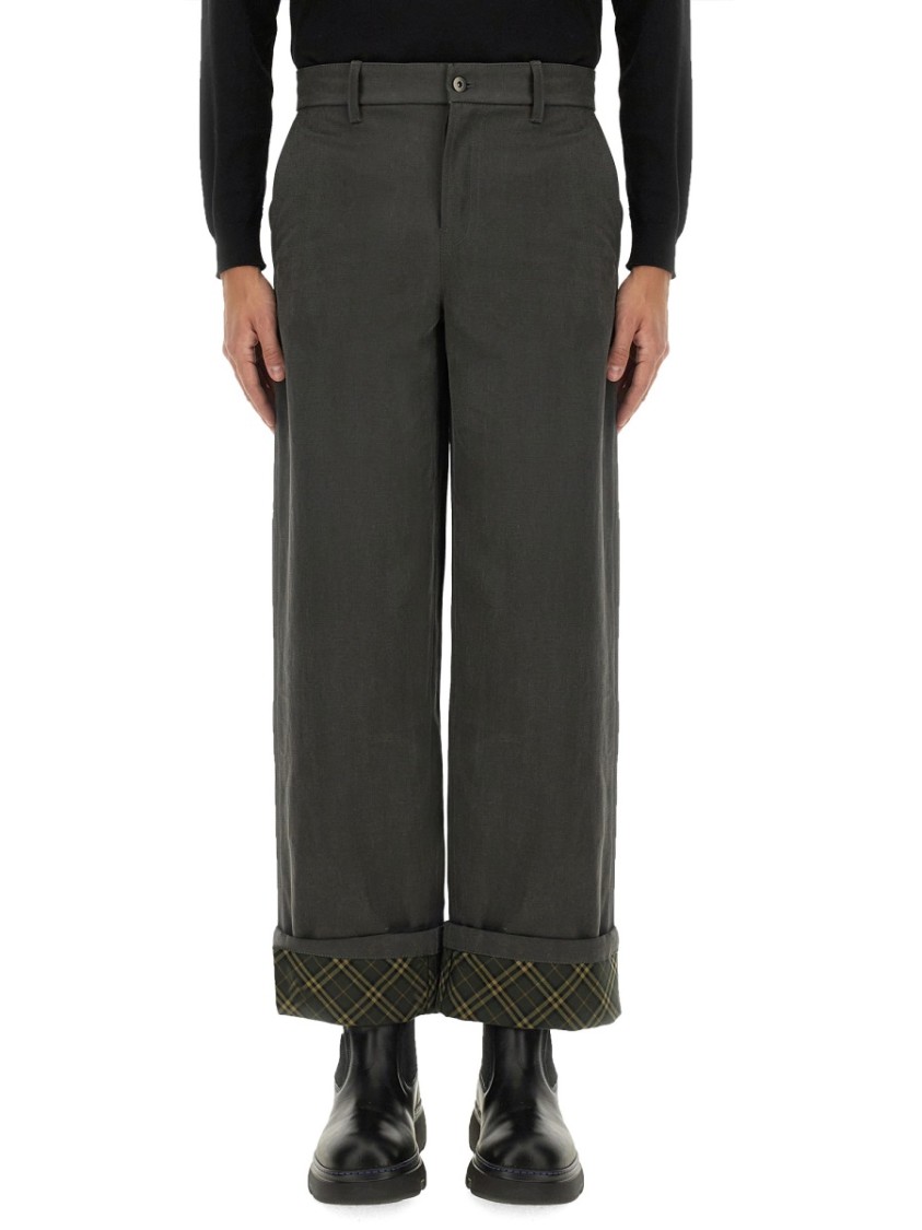 Burberry Black Pants With Logo Embroidery On The Side And Turn-up Checked Hem In Cotton Man In Black
