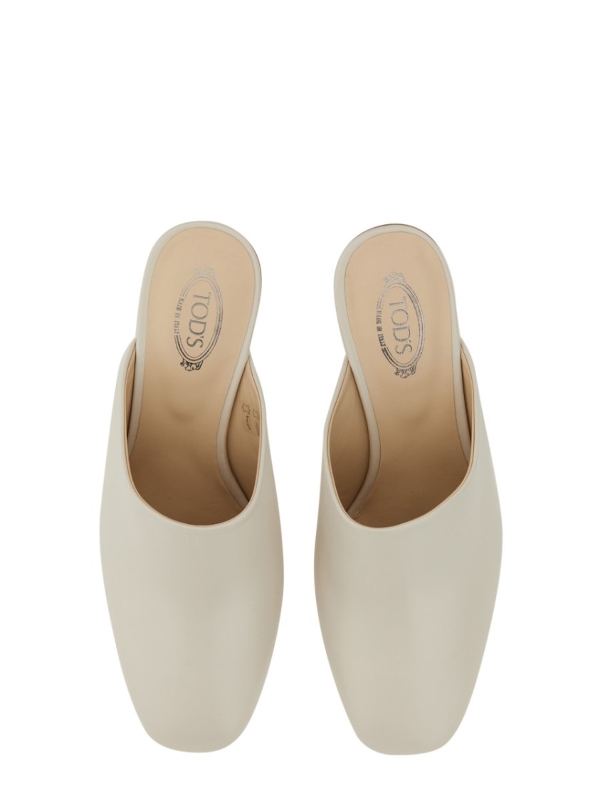 Shop Tod's Backless Calfskin Sandals With Sophisticated Heel In Neutrals