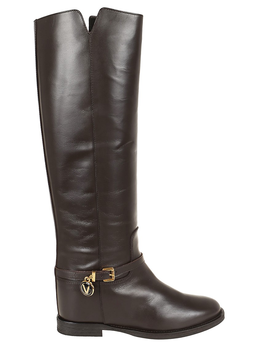 Via Roma 15 Chic Knee-high Leather Boots With Gold-colored Metal Detail And Suede Accents In Black