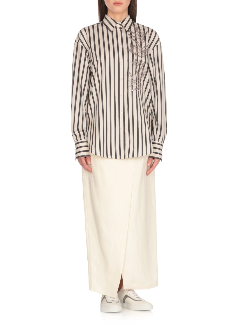Brunello Cucinelli White Shirt With Floral Embroidery On The Front And All-over Striped Motif