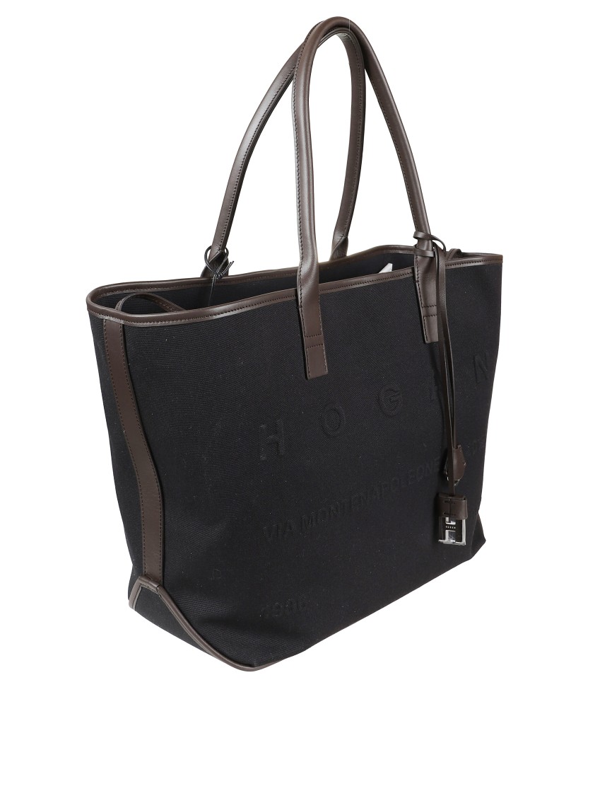 Hogan Structured Black Canvas Tote Bag With Embossed Branding In Black