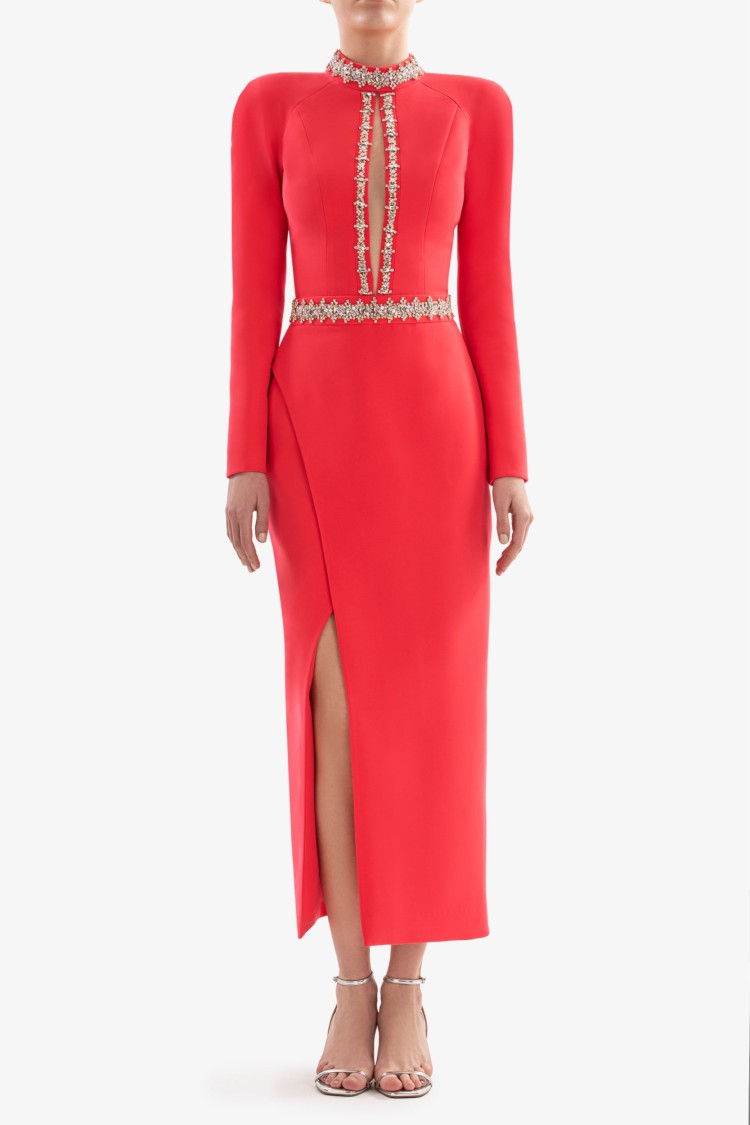 Saiid Kobeisy Crystal Embellished Midi Dress In Red