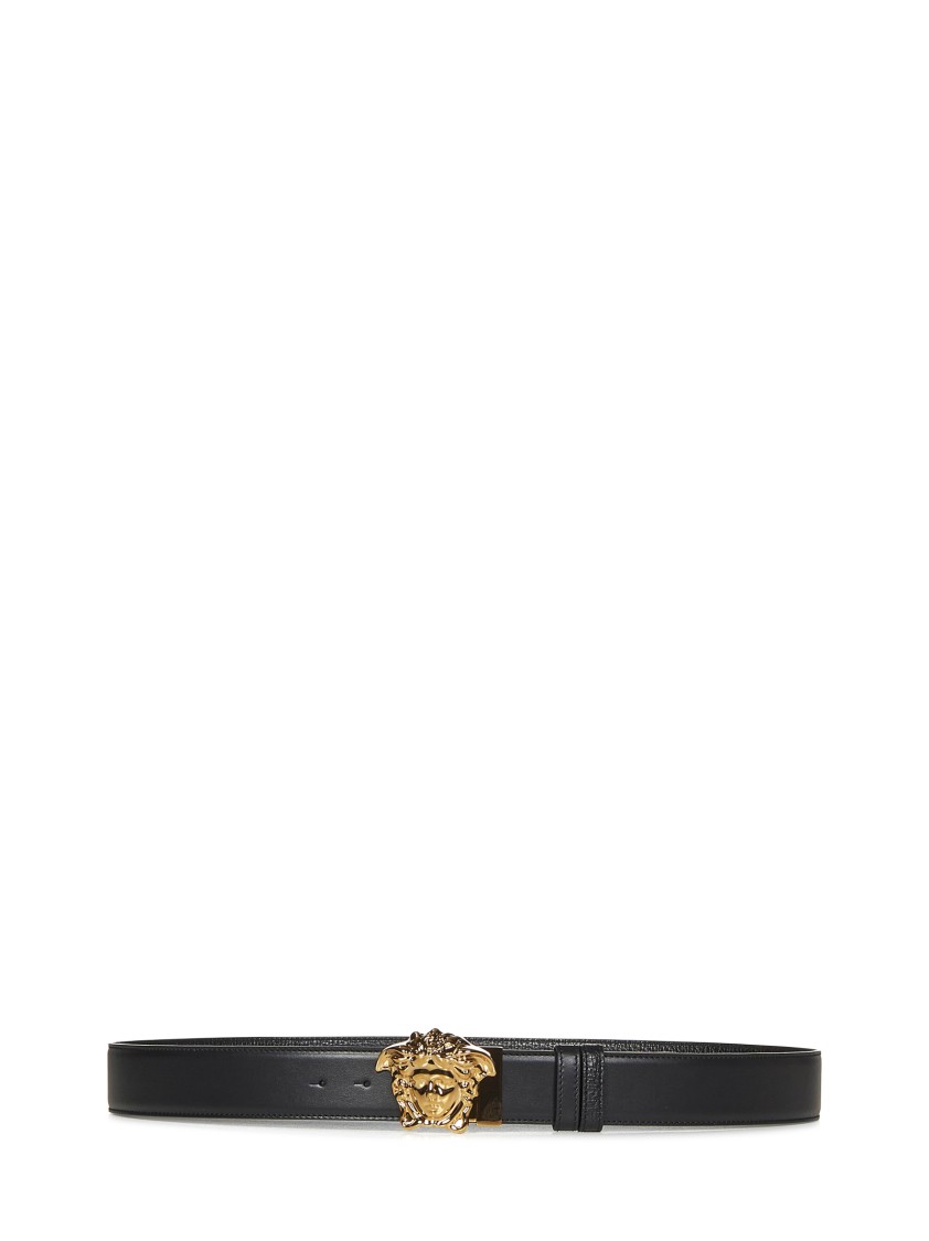 Shop Versace Reversible Leather Belt With Medusa Buckle In Black