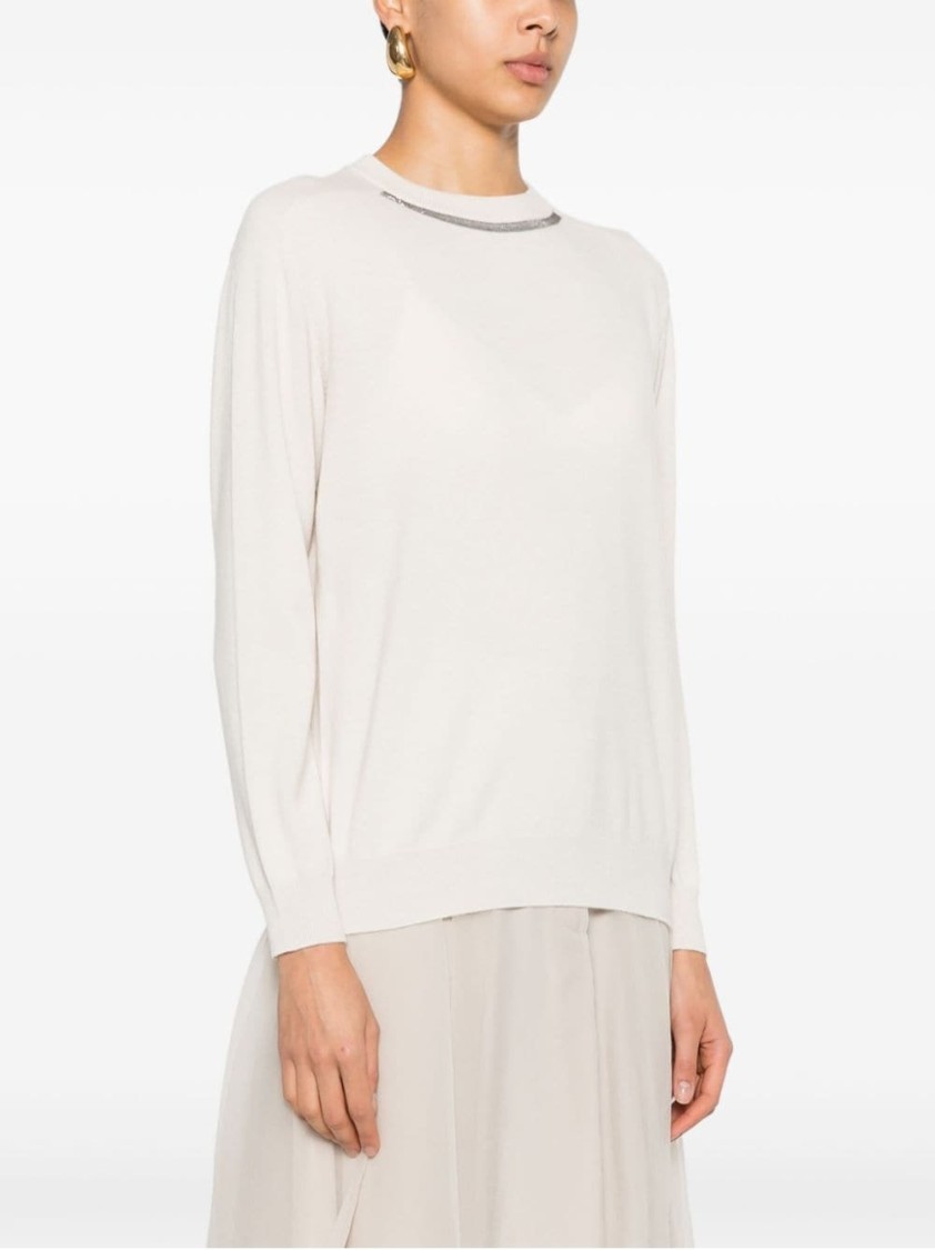 Brunello Cucinelli Crew Neck Long Sleeve Knit Sweater In White