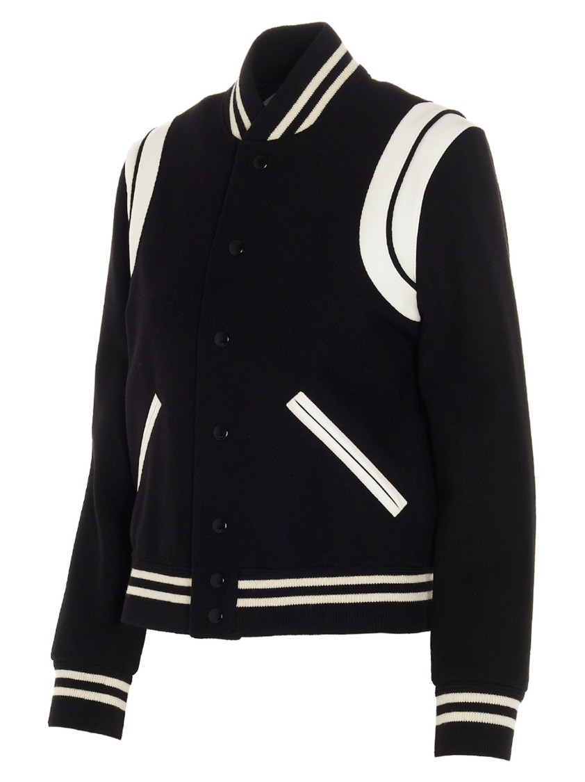 Saint Laurent Teddy Wool Jacket With Leather Profiles In Black