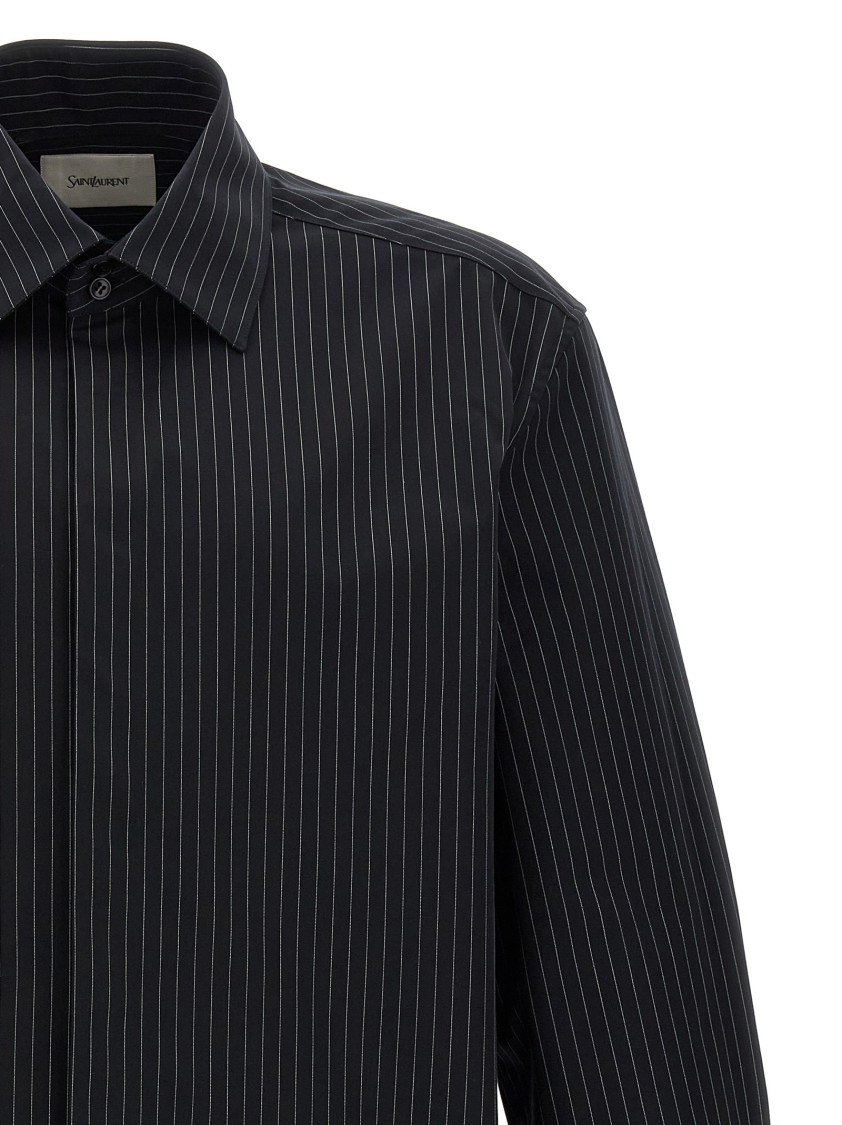 Saint Laurent Ysl Pinstriped Silk Shirt In Black