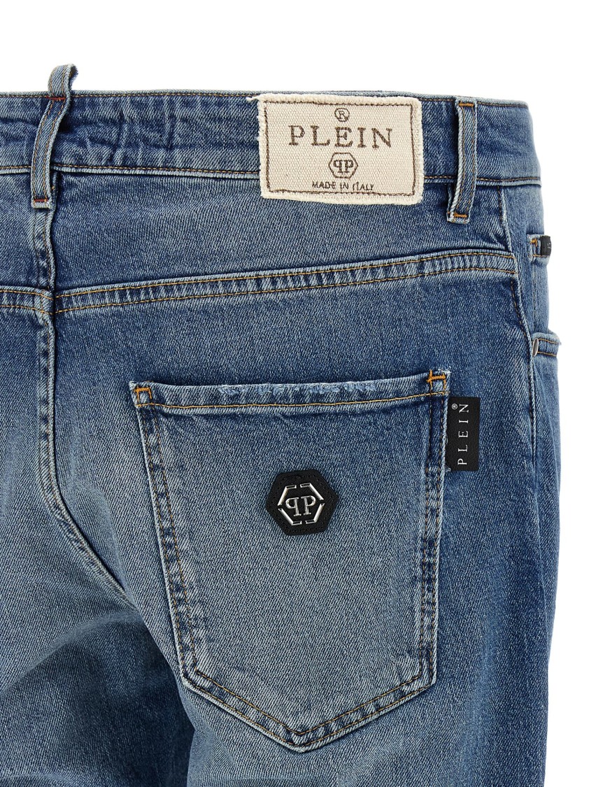 Philipp Plein Distressed Denim Trousers With Pockets And Loops In Blue