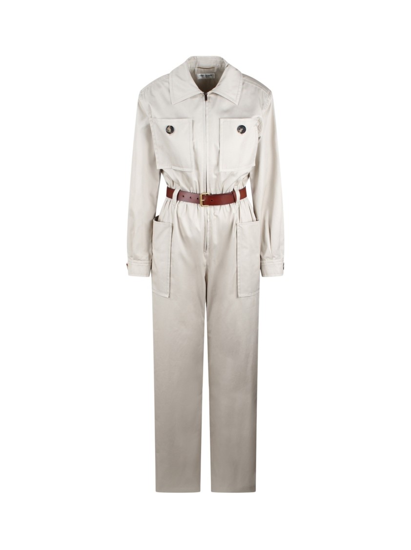 Shop Saint Laurent Relaxed Fit Cotton Jumpsuit With Belt In Neutrals