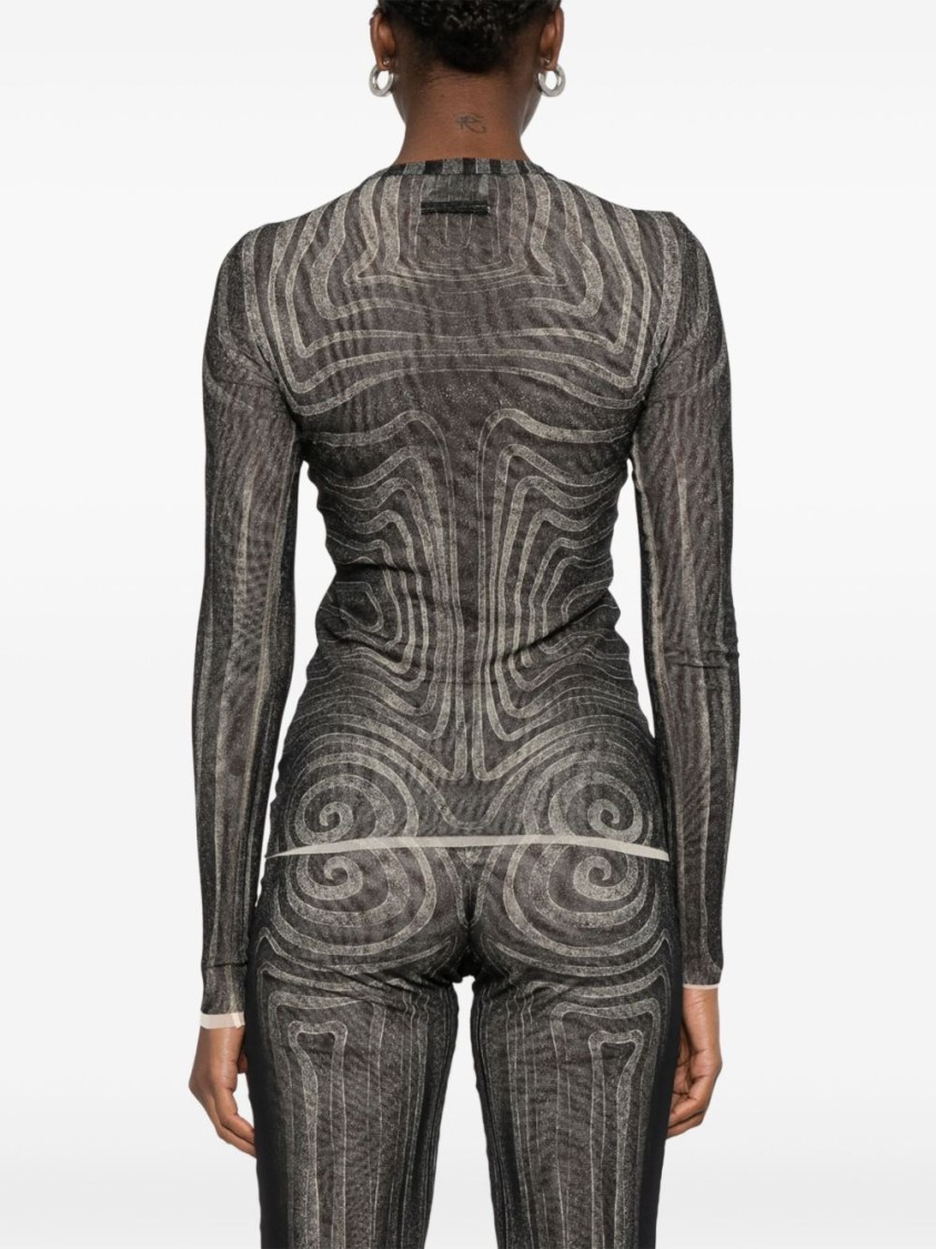Jean Paul Gaultier Mesh Top With Geometric Pattern And Spiral Print In Black