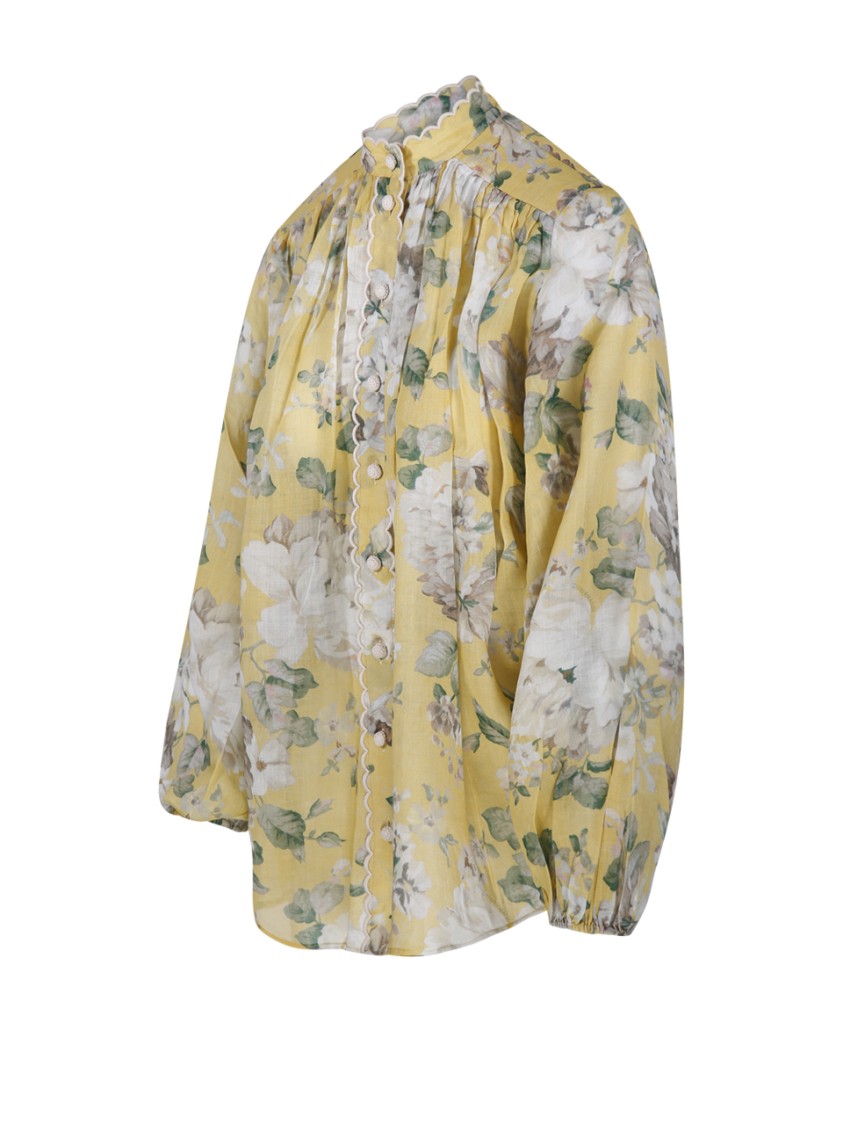 Zimmermann Acacia Scalloped Floral-print Ramie-voile Blouse In Yellow