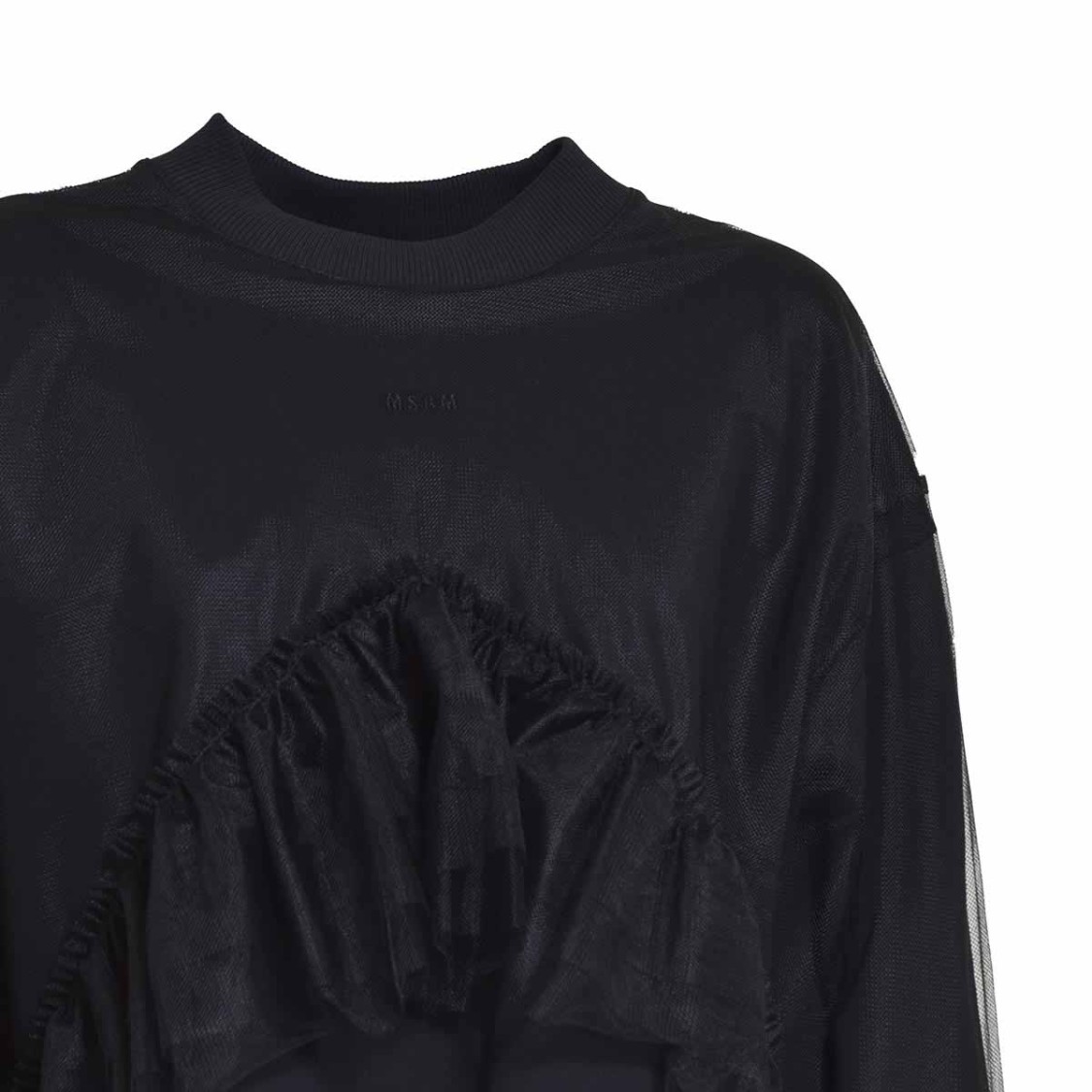 Msgm Black Cotton Crewneck Sweatshirt Covered In Tulle In Black