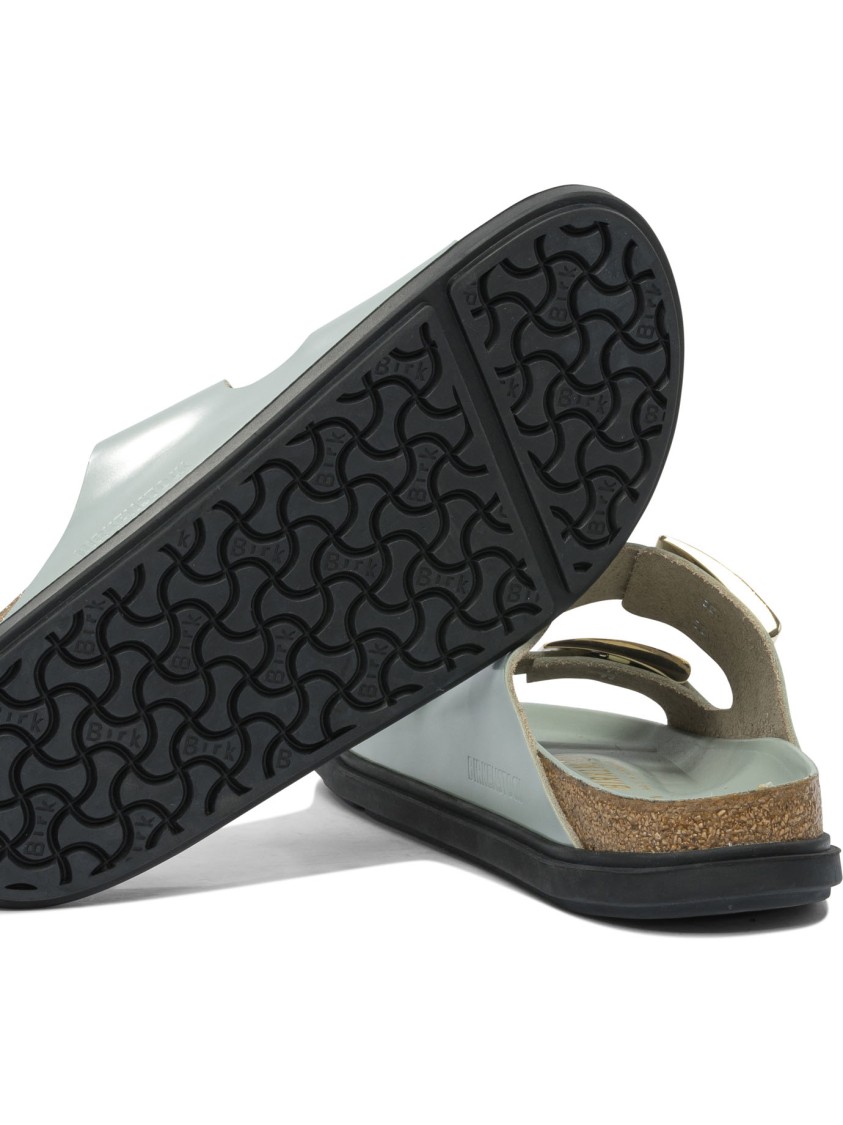 Birkenstock Contoured Leather Sandals With Adjustable Metallic Buckles In Gray