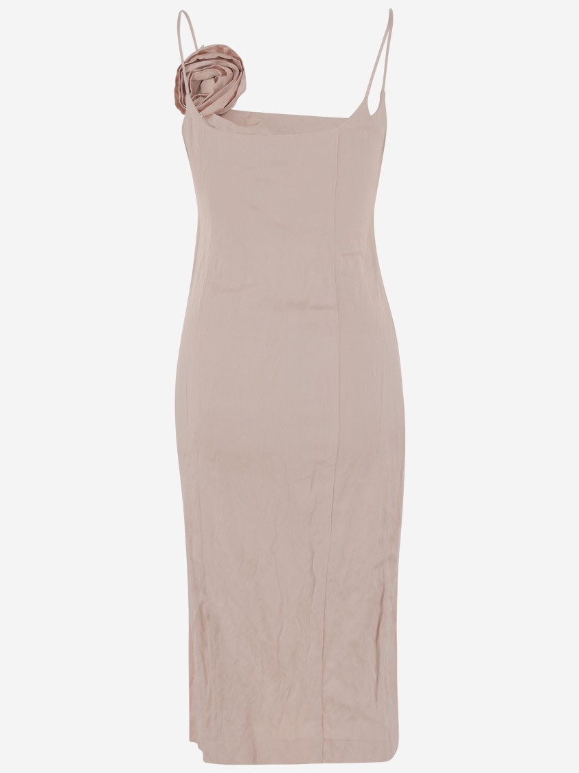 Blumarine Crinkled Satin Dress With 3d Rose In Pink
