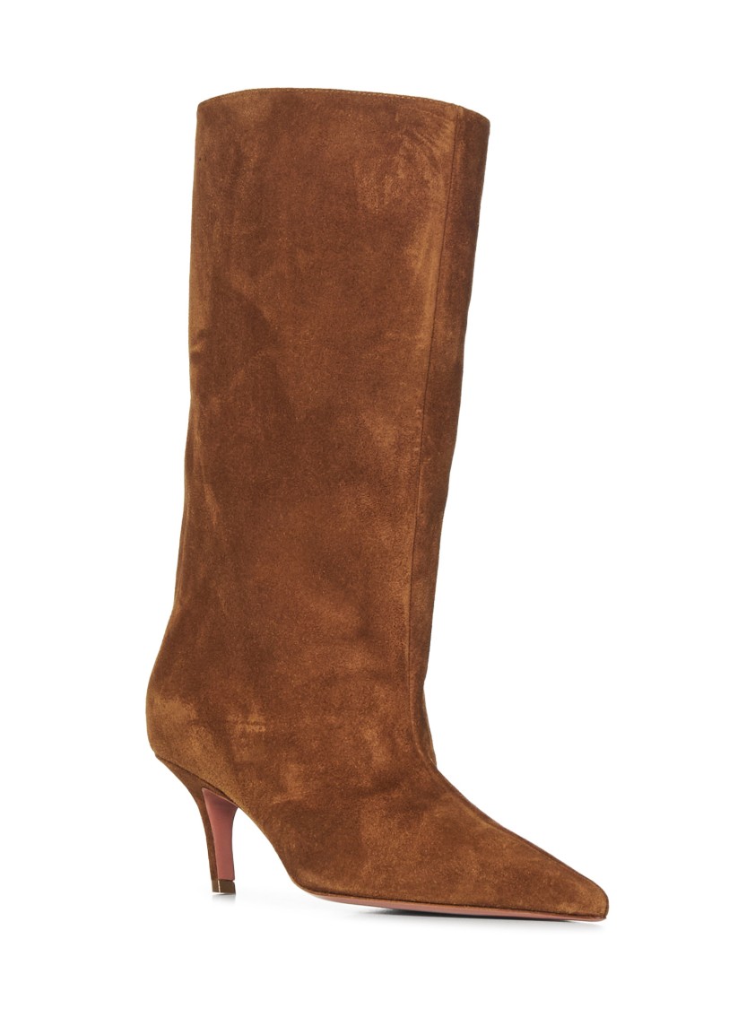 Amina Muaddi 60mm Fiona Suede Pointed-toe Knee-high Boots In Brown