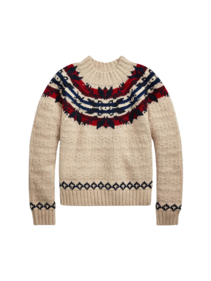 Polo Ralph Lauren Thick Knit Multicolour Sweatshirt With High Collar And Jacquard Patterns In Neutral