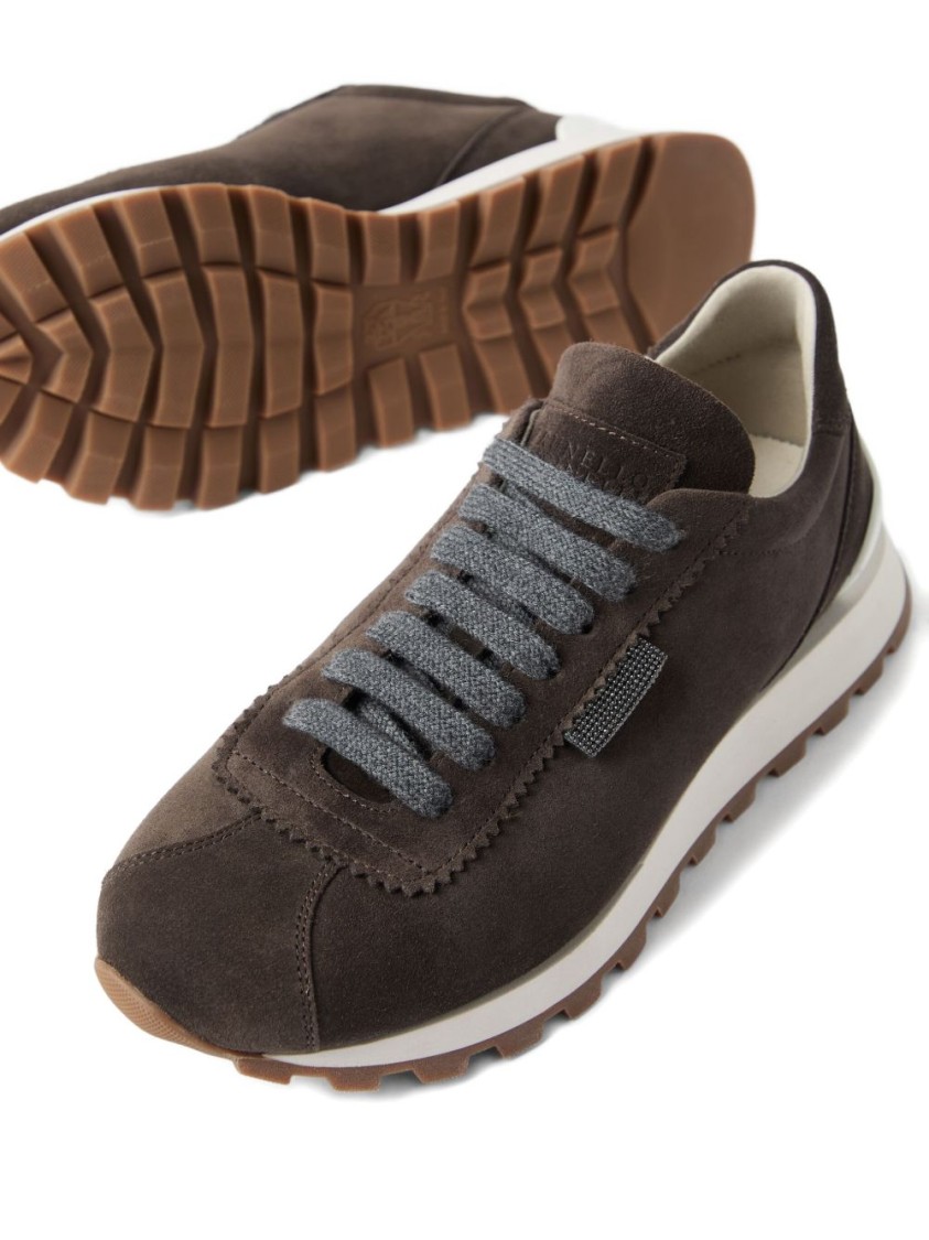 Brunello Cucinelli Brown Low Top Sneakers With Monil Detail On The Side And Embossed Logo Lettering On The Rear In Leat In Brown