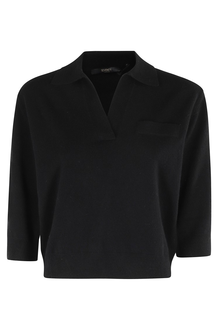 Seventy Three-quarter Sleeve V-neck Cashmere Sweater With Classic Collar In Black