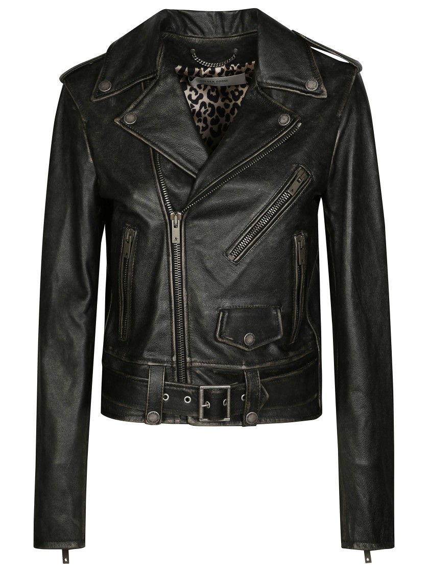 Golden Goose Biker Leather Jacket With Zip Closure In Black