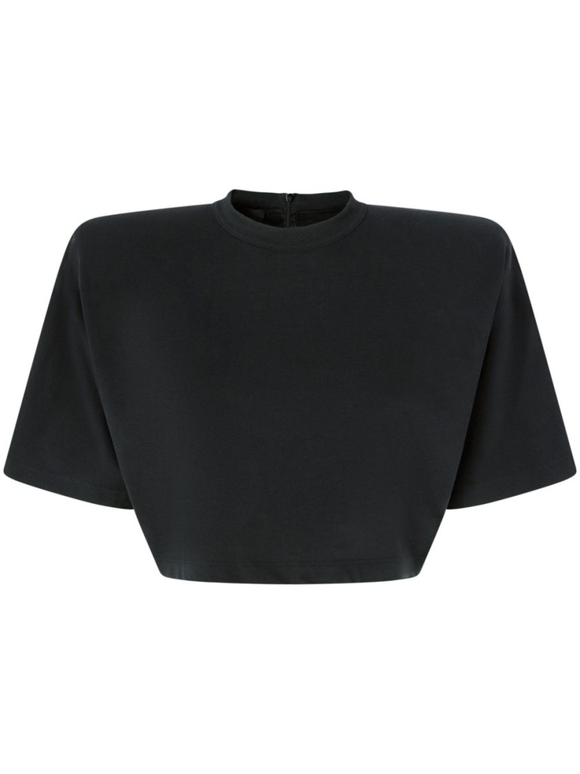Shop Pinko Cropped Black T-shirt With High Neckline