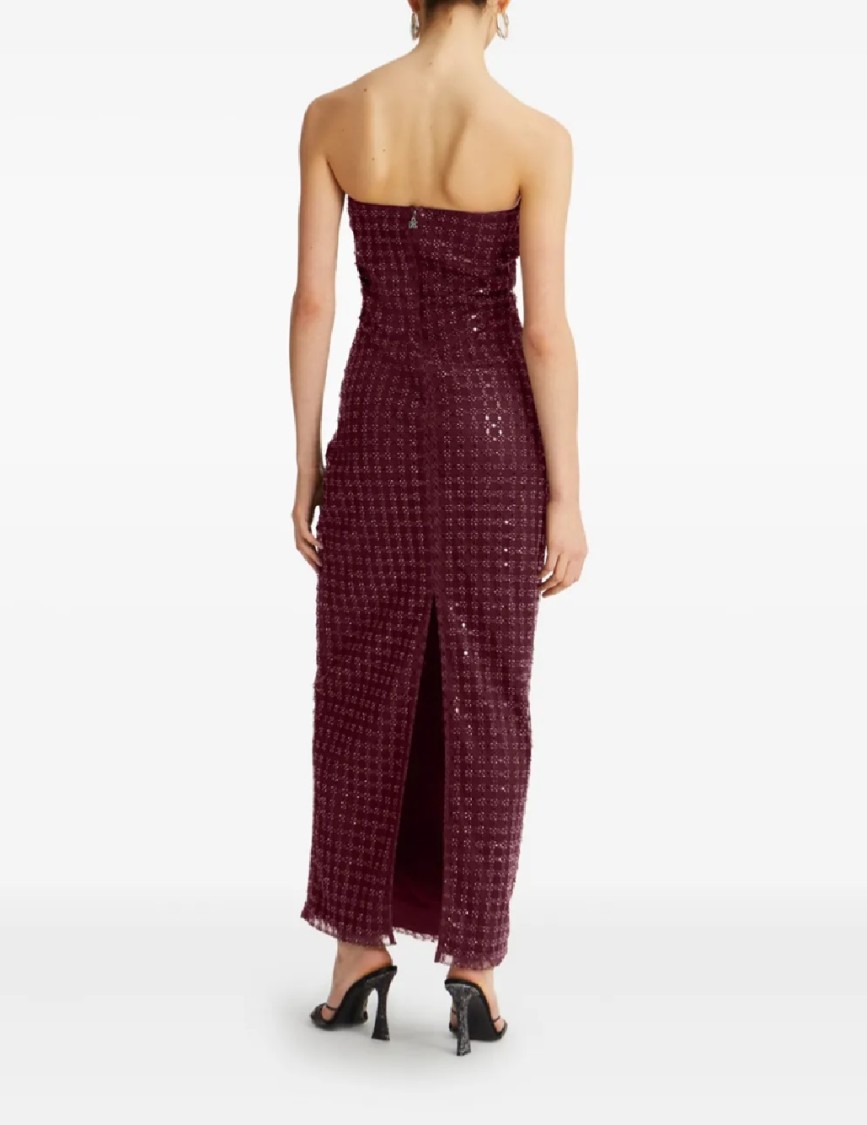 Rotate Birger Christensen Rotate Floor-length Burgundy Strapless Evening Dress With Sequined Detailing In Red