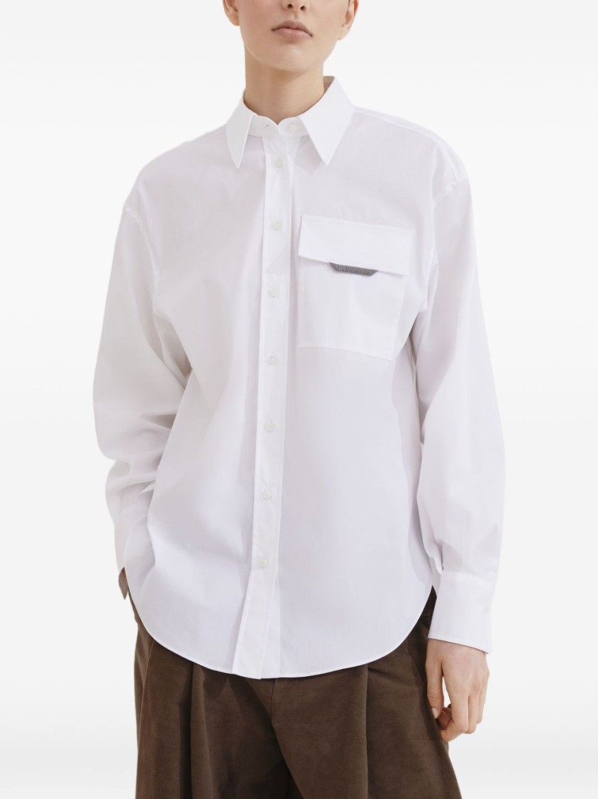 Brunello Cucinelli Classic White Shirt With Pointed Collar And Modern Mesh Detail In White