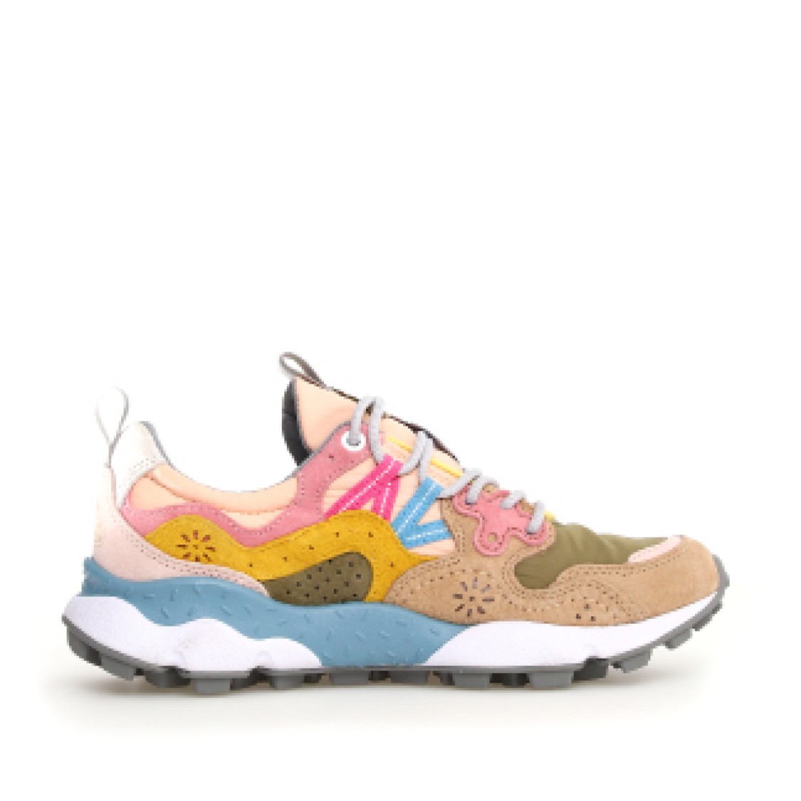 Flower Mountain Yamano In Beige Suede And Olive Green Fabric Sneakers In Multi