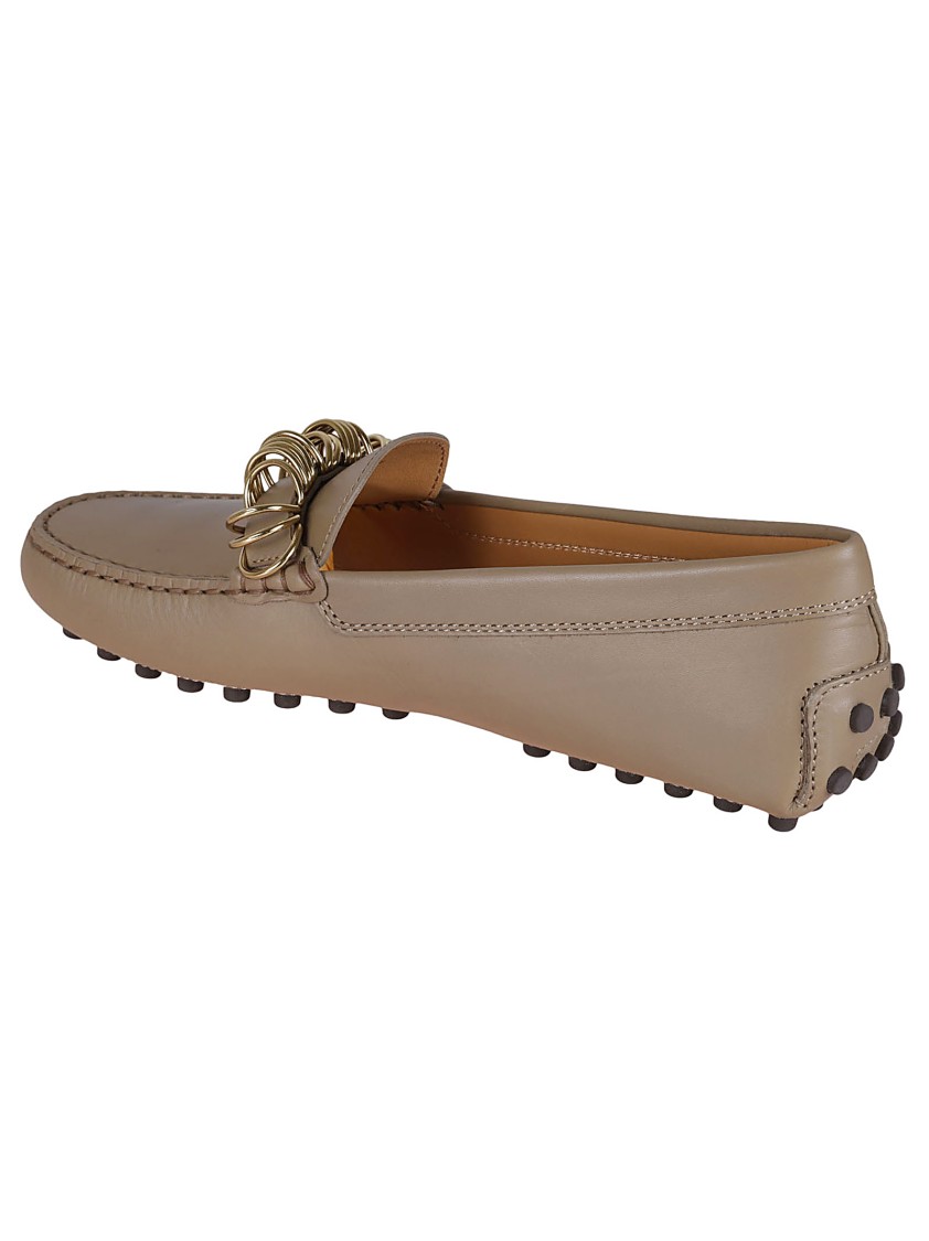 Tod's Rounded Toe Leather Loafers With Decorative Metal Ring In Neutral