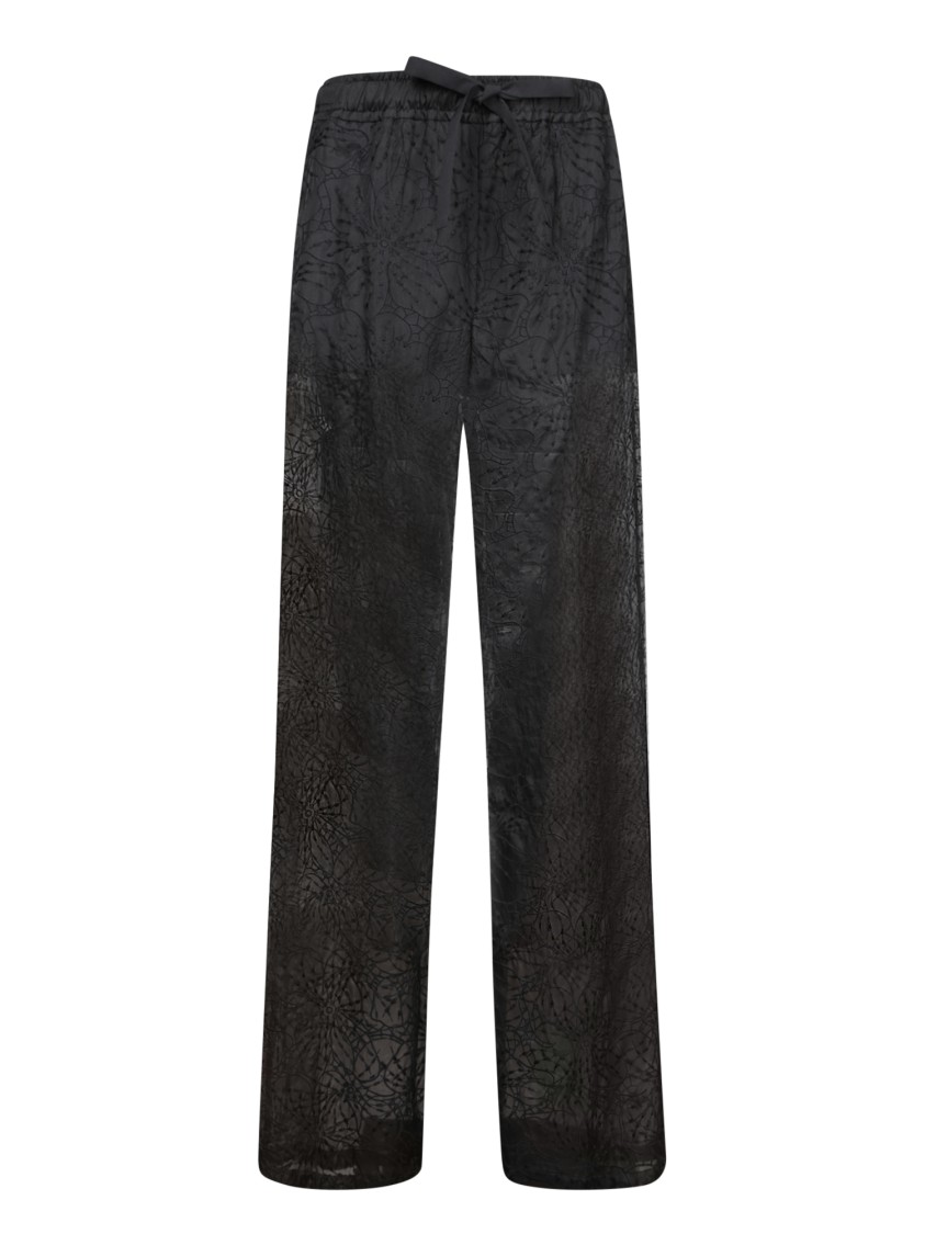 GENNY GENNY HIGH-WAISTED BLACK SILK TROUSERS WITH FLORAL DESIGN 